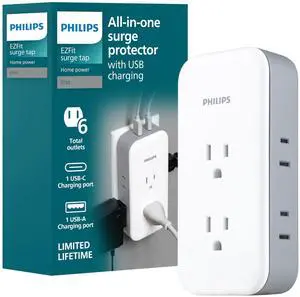 All-in-One Surge Tap with USB, 2 Grounded & 4 Polarized Outlets | 1 USB-C & 1 USB-A Port (15W Shared), 490 Joules, ETL Certified, White/Gray, SPP3503GW/37 All-in-One Surge Tap with USB, 2 Grounded & 4 Polarized Outlets | 1 USB-C & 1 USB-A Port (15W Shared), 490 Joules, ETL Certified, White/Gray, SPP3503GW/37