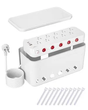 Power Strip with Cable Management Box, Large Cord Organizer Box,White | Power Strip Box with 10 Outlet and 3 USB Port,Individual Switches,6ft Flat Plug Extension Cord,Under-Desk Wire Storage Hider Power Strip with Cable Management Box, Large Cord Organizer Box,White | Power Strip Box with 10 Outlet and 3 USB Port,Individual Switches,6ft Flat Plug Extension Cord,Under-Desk Wire Storage Hider