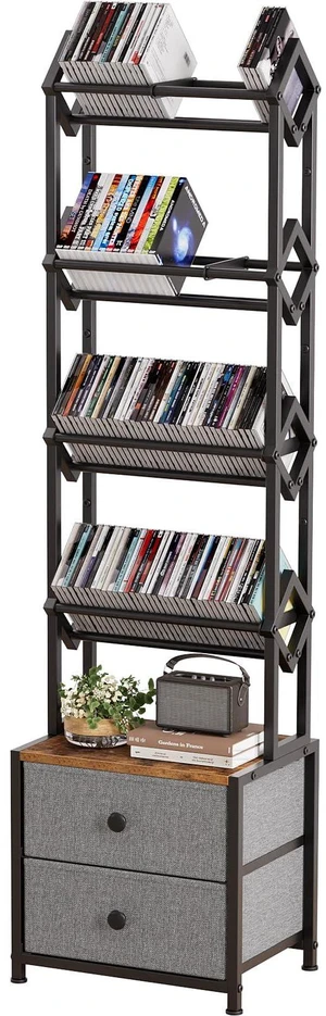 CD Storage Rack, DVD Storage Shelf Tower, Tilted Style 5-Tier Compact Media Shelf with Fabric Drawers, Fits DVDs, Video Games, Books, For Living Room & Home Office, 58.7 in Tall CD Storage Rack, DVD Storage Shelf Tower, Tilted Style 5-Tier Compact Media Shelf with Fabric Drawers, Fits DVDs, Video Games, Books, For Living Room & Home Office, 58.7 in Tall