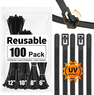 100 Pack Reusable Zip Ties Assorted Sizes 6 8 10 12 Inch Black Cable Ties Reusable Trigger Release / Heavy Duty Nylon / UV Weatherproof / Non-Slip Self-Locking / Smooth Round Ending No Hurt 100 Pack Reusable Zip Ties Assorted Sizes 6 8 10 12 Inch Black Cable Ties Reusable Trigger Release / Heavy Duty Nylon / UV Weatherproof / Non-Slip Self-Locking / Smooth Round Ending No Hurt