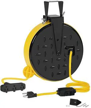 30 Ft Retractable Extension Cord Reel, 16/3 Gauge SJTW Power Cord with 3 Electrical Outlets Pigtail for Garage and Shop, 10 Amp Circuit Breaker, Metal Plate, UL Listed, Yellow Y30CR06 30 Ft Retractable Extension Cord Reel, 16/3 Gauge SJTW Power Cord with 3 Electrical Outlets Pigtail for Garage and Shop, 10 Amp Circuit Breaker, Metal Plate, UL Listed, Yellow Y30CR06