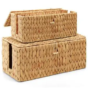 Cable Management Box with Lid, 2Pack Handwoven Real Water Hyacinth Cord Hider Organizer Boxes, 2 Side Open Slots Storage Box to Hide Cords Power Strip for Desk, Floor, Office Cable Management Box with Lid, 2Pack Handwoven Real Water Hyacinth Cord Hider Organizer Boxes, 2 Side Open Slots Storage Box to Hide Cords Power Strip for Desk, Floor, Office