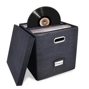 Sturdy Vinyl Record Storage Box - Album Storage Holds up 50+ Single Record | LP Storage Organizer Crate With Lid, Decorative Moving Box For Records, Solutions to Protect Your Precious Collection Black Sturdy Vinyl Record Storage Box - Album Storage Holds up 50+ Single Record | LP Storage Organizer Crate With Lid, Decorative Moving Box For Records, Solutions to Protect Your Precious Collection Black