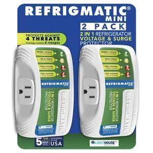 2 in 1 Voltage & Surge Protector for Refrigerators (2 Pack) | Protects refrigerators Up to 27 cu. ft. against high and low voltage, brownouts and spikes. Includes safety delay time 2 in 1 Voltage & Surge Protector for Refrigerators (2 Pack) | Protects refrigerators Up to 27 cu. ft. against high and low voltage, brownouts and spikes. Includes safety delay time