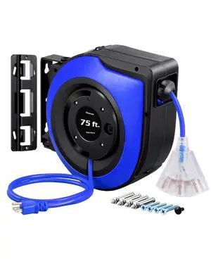 75FT Extension Cord Reel, 14/3C SJTOW Cord Reel, UL Listed, Blue | Retractable, Lighted Plug End, 10A Circuit Breaker, Ceiling/Wall Mount, 180° Swivel Bracket for Garage, Workshop 75FT Extension Cord Reel, 14/3C SJTOW Cord Reel, UL Listed, Blue | Retractable, Lighted Plug End, 10A Circuit Breaker, Ceiling/Wall Mount, 180° Swivel Bracket for Garage, Workshop