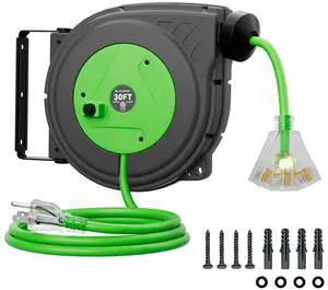 30FT Retractable Extension Cord Reel, 16AWG/3C SJTOW Heavy Duty Power Cord Reel with Lighted Triple Outlets, 10A Circuit Breaker, Lightweight Ceiling/Wall Mount Reel for Garage, ETL Listed, Green 30FT Retractable Extension Cord Reel, 16AWG/3C SJTOW Heavy Duty Power Cord Reel with Lighted Triple Outlets, 10A Circuit Breaker, Lightweight Ceiling/Wall Mount Reel for Garage, ETL Listed, Green