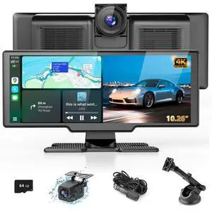 Portable Wireless Carplay Screen with Dashcam - 10.26 Inch Car Play Tablet with 4K Front Dash Cam & 1080P Rearview Backup Camera, Bluetooth 5.0, FM, Voice Assistant, with 64GB TF Card Portable Wireless Carplay Screen with Dashcam - 10.26 Inch Car Play Tablet with 4K Front Dash Cam & 1080P Rearview Backup Camera, Bluetooth 5.0, FM, Voice Assistant, with 64GB TF Card