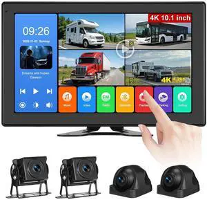 10.1 Inch 4K Touch Screen Wired RV Backup Camera System | 1080P IP69 Waterproof Camera, 4CH DVR Loop Recording & Bluetooth. For Semi Truck, Trailer, Camper, Pickup, Bus, RV 10.1 Inch 4K Touch Screen Wired RV Backup Camera System | 1080P IP69 Waterproof Camera, 4CH DVR Loop Recording & Bluetooth. For Semi Truck, Trailer, Camper, Pickup, Bus, RV