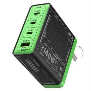 E-Rhino 140W Max 4-Port GaN Charger for MacBook & USB-C Laptop, Black | Smart Temperature Management, Smart Power Distribution, Foldable Plug, 4-Port (3 USB-C + 1 USB-A), Stable Charging E-Rhino 140W Max 4-Port GaN Charger for MacBook & USB-C Laptop, Black | Smart Temperature Management, Smart Power Distribution, Foldable Plug, 4-Port (3 USB-C + 1 USB-A), Stable Charging