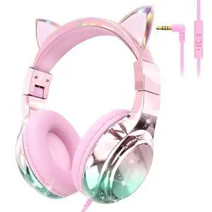 Kids Cat Ear Headphones with Cord with Mic, 85/94dB Volume Limit | sparkly foldable headset, sharing port, tangle-free cord, Kids Wired Headphones for school, tablet, travel, boys and girls Kids Cat Ear Headphones with Cord with Mic, 85/94dB Volume Limit | sparkly foldable headset, sharing port, tangle-free cord, Kids Wired Headphones for school, tablet, travel, boys and girls
