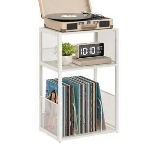 Record Player Stand, 3-Tier Side Table, Vinyl Record Storage up to 100 Albums, End Table for Living Room, Bedroom, Rustic White ULET275W01 Record Player Stand, 3-Tier Side Table, Vinyl Record Storage up to 100 Albums, End Table for Living Room, Bedroom, Rustic White ULET275W01
