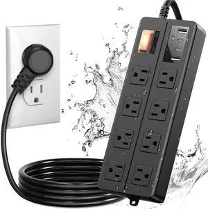 IPX6 Waterproof Outdoor Power Strip, Overload Protector with 8 Wide Outlet 4 USB Ports (2A 2C), 6FT Extension Cord, Wall Mountable Weatherproof for Garden Patio Holiday Lights, UL Listed Black IPX6 Waterproof Outdoor Power Strip, Overload Protector with 8 Wide Outlet 4 USB Ports (2A 2C), 6FT Extension Cord, Wall Mountable Weatherproof for Garden Patio Holiday Lights, UL Listed Black