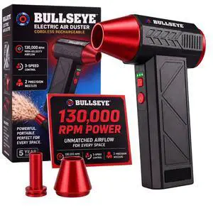 BULLSEYE Blaster 130000 RPM Electric Air Duster, Rechargeable Cordless Compressed Air Blower for Computer Cleaning, Keyboard, Electronics, Car Detailing, 3 Speed Turbo, 2 Nozzles As Seen on TV BULLSEYE Blaster 130000 RPM Electric Air Duster, Rechargeable Cordless Compressed Air Blower for Computer Cleaning, Keyboard, Electronics, Car Detailing, 3 Speed Turbo, 2 Nozzles As Seen on TV