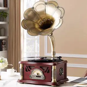 Vintage Gramophone with Bluetooth Input Vintage Record Players Retro Gramophone Turntables for 7" 9" 12" Vinyl Records 3 Speed, Hi-Fi, Handcrafted by Pure Oak (Walnut) Vintage Gramophone with Bluetooth Input Vintage Record Players Retro Gramophone Turntables for 7" 9" 12" Vinyl Records 3 Speed, Hi-Fi, Handcrafted by Pure Oak (Walnut)