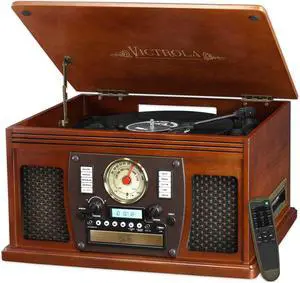 Navigator - 8-in-1 Bluetooth Record Player - Mahogany | Real wood cabinet plays vinyl, CD, cassette, FM radio, USB and aux, built-in speakers, remote control included Navigator - 8-in-1 Bluetooth Record Player - Mahogany | Real wood cabinet plays vinyl, CD, cassette, FM radio, USB and aux, built-in speakers, remote control included