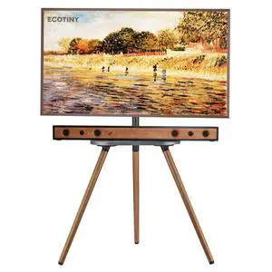 Tripod TV Stand for 43-65" TVs, Swivel, Black Walnut | Height-adjustable easel TV stand, wood media shelf, cable management and VESA up to 400x400 Tripod TV Stand for 43-65" TVs, Swivel, Black Walnut | Height-adjustable easel TV stand, wood media shelf, cable management and VESA up to 400x400