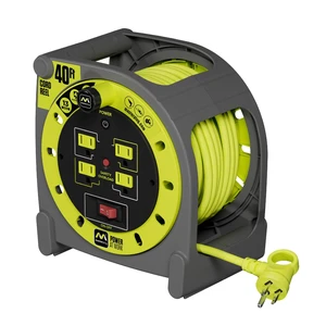 40ft Case Cord Reel, Retractable Extension Lead with Winding Handle, Safety Overload Circuit Breaker and Power Switch, 4X Grounded Outlets, 13amps, 14AWG Cable 40ft Case Cord Reel, Retractable Extension Lead with Winding Handle, Safety Overload Circuit Breaker and Power Switch, 4X Grounded Outlets, 13amps, 14AWG Cable