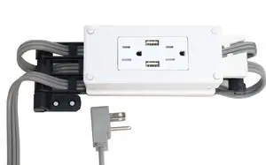 Compact in-Drawer Outlet with Cord Management Arm (2) USB-A Ports (2) 15 Amp Plugs fits Narrow and Shallow Drawers Compact in-Drawer Outlet with Cord Management Arm (2) USB-A Ports (2) 15 Amp Plugs fits Narrow and Shallow Drawers