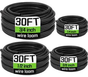 Wire Loom 1/4", 3/8", 1/2", 3/4 Inch x 30 FT, Split Wire Loom Tubing Wire Conduit, Cable Sleeves Bulk Flexible Electrical Conduit Protective kit, Black Wire Loom 1/4", 3/8", 1/2", 3/4 Inch x 30 FT, Split Wire Loom Tubing Wire Conduit, Cable Sleeves Bulk Flexible Electrical Conduit Protective kit, Black