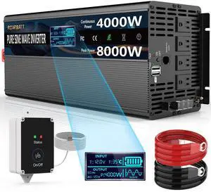 4000W Pure Sine Wave Power Inverter 12V DC to 110V/120V AC, 8000W Peak with Remote Control, 4 AC Outlets, Dual USB, LED Display, Heavy Duty Converter for RV, Truck, Solar System, Off-Grid & Emergency 4000W Pure Sine Wave Power Inverter 12V DC to 110V/120V AC, 8000W Peak with Remote Control, 4 AC Outlets, Dual USB, LED Display, Heavy Duty Converter for RV, Truck, Solar System, Off-Grid & Emergency