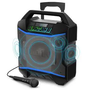 Block Rocker 120W Bluetooth Outdoor Speaker with Wheels | Water Resistant, Radio, Karaoke Mic, USB Charging, Stereo Linking, Bass Boost and App Control, for Parties and Outdoor Events Block Rocker 120W Bluetooth Outdoor Speaker with Wheels | Water Resistant, Radio, Karaoke Mic, USB Charging, Stereo Linking, Bass Boost and App Control, for Parties and Outdoor Events