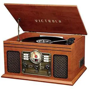 Quincy - 6-in-1 Bluetooth Record Player - Mahogany | Plays vinyl, CD, cassette and FM radio through built-in stereo speakers, Bluetooth and aux streaming, headphone jack Quincy - 6-in-1 Bluetooth Record Player - Mahogany | Plays vinyl, CD, cassette and FM radio through built-in stereo speakers, Bluetooth and aux streaming, headphone jack