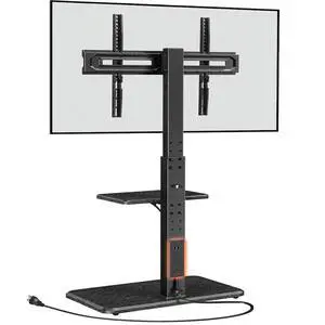 Floor TV Stand with Power Outlet, Universal TV Stand for 32-75 inch TVs up to 110 lbs, Height Adjustable Standing TV Mount, Tall TV Mount with Wood Base, Max VESA 600x400mm, PGFS06 Floor TV Stand with Power Outlet, Universal TV Stand for 32-75 inch TVs up to 110 lbs, Height Adjustable Standing TV Mount, Tall TV Mount with Wood Base, Max VESA 600x400mm, PGFS06