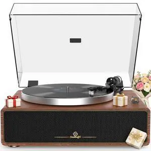 ® All-in-One Record Player with 4 Speakers & Bluetooth, Brown | Belt-Drive Vinyl Player, AT3600L Magneti Cartridge, Built-in 4 Speakers, Adjustable Counterweight,Auto-Stop,RCA/AUX Output ® All-in-One Record Player with 4 Speakers & Bluetooth, Brown | Belt-Drive Vinyl Player, AT3600L Magneti Cartridge, Built-in 4 Speakers, Adjustable Counterweight,Auto-Stop,RCA/AUX Output