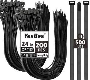 200 PCS Zip Ties 24 Inch Heavy Duty, Large Cable Ties 500lbs Tensile Strength, Black Zip Ties for Indoor and Outdoor Use, UV Resistant Wire Ties 200 PCS Zip Ties 24 Inch Heavy Duty, Large Cable Ties 500lbs Tensile Strength, Black Zip Ties for Indoor and Outdoor Use, UV Resistant Wire Ties