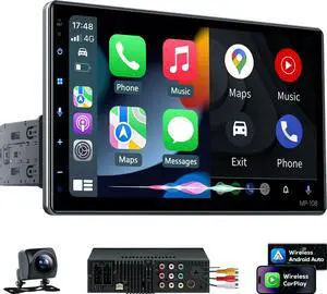 10.1" Wireless Single Din Car Radio Stereo with Apple Carplay Android Auto Touch Screen, Car Play Audio Receivers Headunit, Bluetooth 5.3, Backup Camera, 240W, 2 Subwoofers, Navigation, FM/AM, SWC 10.1" Wireless Single Din Car Radio Stereo with Apple Carplay Android Auto Touch Screen, Car Play Audio Receivers Headunit, Bluetooth 5.3, Backup Camera, 240W, 2 Subwoofers, Navigation, FM/AM, SWC