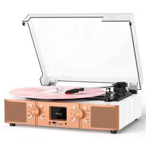 Vinyl Record Player with Built-in Speakers, Bluetooth Turntable for Vinyl Records, 3-Speed Belt-Driven LP Player, USB/Micro SD Recording, FM Radio, RCA/AUX/Headphone Jack, White Rose Gold Vinyl Record Player with Built-in Speakers, Bluetooth Turntable for Vinyl Records, 3-Speed Belt-Driven LP Player, USB/Micro SD Recording, FM Radio, RCA/AUX/Headphone Jack, White Rose Gold