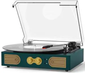 Vinyl Record Player with Built-in Speakers, Vintage 3-Speed Turntable, Bass/Treble Control, Headphone Jack, RCA/AUX Outputs, Belt-Driven LP Player, Green Vinyl Record Player with Built-in Speakers, Vintage 3-Speed Turntable, Bass/Treble Control, Headphone Jack, RCA/AUX Outputs, Belt-Driven LP Player, Green