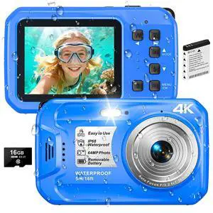 4K Underwater Camera, 64MP 16FT Compact Waterproof Camera with 16GB Card | Floatable Digital Camera, 16X Digital Zoom, Auto Focus, Fill Light, 650mAh Battery, Ideal for Travel, Surfing, Swimming 4K Underwater Camera, 64MP 16FT Compact Waterproof Camera with 16GB Card | Floatable Digital Camera, 16X Digital Zoom, Auto Focus, Fill Light, 650mAh Battery, Ideal for Travel, Surfing, Swimming