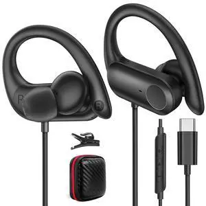 USB C Headphones with Earhook Mic & Volume Control HiFi Stereo Sound | Type C Workout Wired Earbuds, in-Ear Sports Earphone for iPhone 17 16 15/Samsung/Google/Chromebook Laptop/Kids/Travel Black USB C Headphones with Earhook Mic & Volume Control HiFi Stereo Sound | Type C Workout Wired Earbuds, in-Ear Sports Earphone for iPhone 17 16 15/Samsung/Google/Chromebook Laptop/Kids/Travel Black