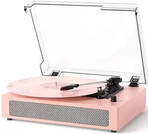 Vinyl Record Player Vintage 3-Speed Wireless Bluetooth Turntable with Belt-Drive, Built-in Stereo Speakers, RCA Output, AUX in, Auto Stop, Pink LP Player Vinyl Record Player Vintage 3-Speed Wireless Bluetooth Turntable with Belt-Drive, Built-in Stereo Speakers, RCA Output, AUX in, Auto Stop, Pink LP Player