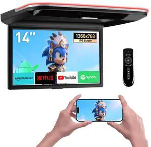 14-Inch Android Car Overhead Player, 2GB+32GB, HDMI, WiFi | 1366 x 768 HD Flip-Down Roof Mount Monitor with Built-in Speaker, Bluetooth, USB input, Screen Mirroring for Cars and SUVs 14-Inch Android Car Overhead Player, 2GB+32GB, HDMI, WiFi | 1366 x 768 HD Flip-Down Roof Mount Monitor with Built-in Speaker, Bluetooth, USB input, Screen Mirroring for Cars and SUVs