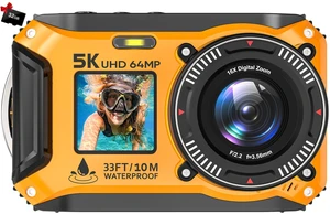 5K Underwater Camera 64MP 33FT Waterproof, 32GB Card Dual-Screen Dustproof Suitable for Snorkeling, Vacation, UHD Autofocus Point-and-Shoot, Compact, Floatable, 1500mAh Battery, Type-C, Yellow 5K Underwater Camera 64MP 33FT Waterproof, 32GB Card Dual-Screen Dustproof Suitable for Snorkeling, Vacation, UHD Autofocus Point-and-Shoot, Compact, Floatable, 1500mAh Battery, Type-C, Yellow