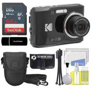 Kodak PIXPRO FZ45 16MP Digital Camera 4X Optical Zoom 27mm Wide Angle 1080P Full HD Video 2.7" LCD Camera (Black) + 64GB Card and Reader + Case + Memory Wallet + Tripod + Cleaning Bundle Kodak PIXPRO FZ45 16MP Digital Camera 4X Optical Zoom 27mm Wide Angle 1080P Full HD Video 2.7" LCD Camera (Black) + 64GB Card and Reader + Case + Memory Wallet + Tripod + Cleaning Bundle