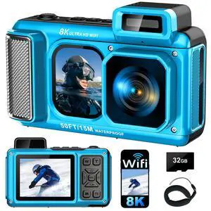 8K Underwater Camera WiFi 90MP 50FT Waterproof 32GB Card Dual-Screen Touch | Suitable for Snorkeling and Diving, Rugged Shockproof Dustproof, AF Selfie, 18X Zoom, Floatable, 1800mAh Battery, Type-C 8K Underwater Camera WiFi 90MP 50FT Waterproof 32GB Card Dual-Screen Touch | Suitable for Snorkeling and Diving, Rugged Shockproof Dustproof, AF Selfie, 18X Zoom, Floatable, 1800mAh Battery, Type-C