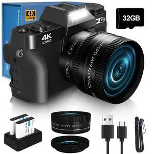 4K Digital Camera, Vlogging Camera with WiFi & Flip Screen | 16X zoom, 52mm lens, flip screen for YouTube, travel and beginners, includes 32GB SD card 4K Digital Camera, Vlogging Camera with WiFi & Flip Screen | 16X zoom, 52mm lens, flip screen for YouTube, travel and beginners, includes 32GB SD card