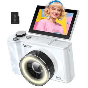4K Digital Camera for Photography,Flip Screen Digital Camera for Kids | 64MP Vlogging Camera for YouTube with SD Card,16X Zoom Autofocus,Point and Shoot digital cameras for Teens Beginner,White 4K Digital Camera for Photography,Flip Screen Digital Camera for Kids | 64MP Vlogging Camera for YouTube with SD Card,16X Zoom Autofocus,Point and Shoot digital cameras for Teens Beginner,White