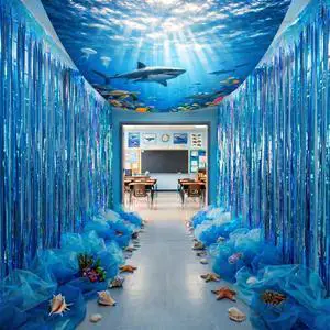 12 Pcs Under The Ocean Hanging Classroom Decorations | Blue Foil Curtain Fringe Backdrop, Mesh, Under The Ocean Shark Hanging Party Decor, for Shark Photo Props Background 12 Pcs Under The Ocean Hanging Classroom Decorations | Blue Foil Curtain Fringe Backdrop, Mesh, Under The Ocean Shark Hanging Party Decor, for Shark Photo Props Background