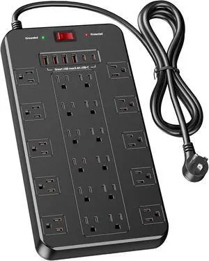 Surge Protector Power Strip 10 FT Cord with 22 Outlets 6 USB Ports(2 USB C), 1875W/15A, 10 FT Flat Plug 3 Prong Extension Cord with Multiple Outlets for Home Office, Dorm, Gaming, Black Surge Protector Power Strip 10 FT Cord with 22 Outlets 6 USB Ports(2 USB C), 1875W/15A, 10 FT Flat Plug 3 Prong Extension Cord with Multiple Outlets for Home Office, Dorm, Gaming, Black