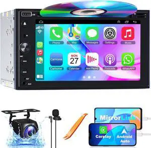 Double Din Car Stereo with Carplay & Android Auto, 7 Inch Car Radio with CD/DVD Player Support Back up Camera, Bluetooth & Voice Control, Mirror Link, Subwoofer, SWC, Subwoofer, AM/FM Double Din Car Stereo with Carplay & Android Auto, 7 Inch Car Radio with CD/DVD Player Support Back up Camera, Bluetooth & Voice Control, Mirror Link, Subwoofer, SWC, Subwoofer, AM/FM