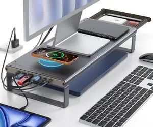 Monitor Stand HUB - Aluminum Riser with 6-in-1 Docking Station: 4K HDMI, USB-C, USB 3.0, PD 100W, Wireless Charging, Drawer Organizer - Gray Monitor Stand HUB - Aluminum Riser with 6-in-1 Docking Station: 4K HDMI, USB-C, USB 3.0, PD 100W, Wireless Charging, Drawer Organizer - Gray