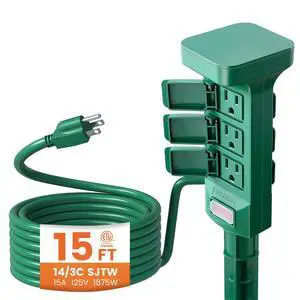 Outdoor Power Stake Waterproof 6 Grounded Outlets, 15FT | Power Strip Weatherproof Multiple Extension Cord Outlets for Patio, Christmas Decoration, Outdoor Light, 1875W/15A,Green Outdoor Power Stake Waterproof 6 Grounded Outlets, 15FT | Power Strip Weatherproof Multiple Extension Cord Outlets for Patio, Christmas Decoration, Outdoor Light, 1875W/15A,Green