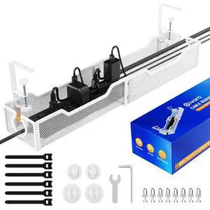 Cable Management Under Desk - 25.2" Open Slots No Dill Cable Tray | Metal Under Desk Cable Management Tray - Cord Organizer for Office Home - Clamp-On Design Wire Organization Box - White Cable Management Under Desk - 25.2" Open Slots No Dill Cable Tray | Metal Under Desk Cable Management Tray - Cord Organizer for Office Home - Clamp-On Design Wire Organization Box - White