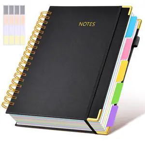 Hardcover Spiral Notebook journal with Removable Dividers Tabs, 300 Pages Leather 5 Subject Notebook College Ruled, 8"x10" Large B5 Notebooks for Work School Note taking, Lined Journal for Women,Black Hardcover Spiral Notebook journal with Removable Dividers Tabs, 300 Pages Leather 5 Subject Notebook College Ruled, 8"x10" Large B5 Notebooks for Work School Note taking, Lined Journal for Women,Black