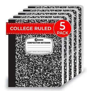 College Ruled Composition Notebooks 5 Pack, 200 Pages (100 Sheets), 9-3/4" x 7-1/2", White & Black Marble Composition Book, Hard Cover, Sturdy Sewn Binding, School, College & Office Supplies College Ruled Composition Notebooks 5 Pack, 200 Pages (100 Sheets), 9-3/4" x 7-1/2", White & Black Marble Composition Book, Hard Cover, Sturdy Sewn Binding, School, College & Office Supplies
