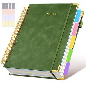 Hardcover Spiral Notebook journal with Removable Dividers Tabs, 300 Pages Leather 5 Subject Notebook College Ruled, 8"x10" Large B5 Notebooks for Work School Note taking, Lined Journal for Women,Green Hardcover Spiral Notebook journal with Removable Dividers Tabs, 300 Pages Leather 5 Subject Notebook College Ruled, 8"x10" Large B5 Notebooks for Work School Note taking, Lined Journal for Women,Green